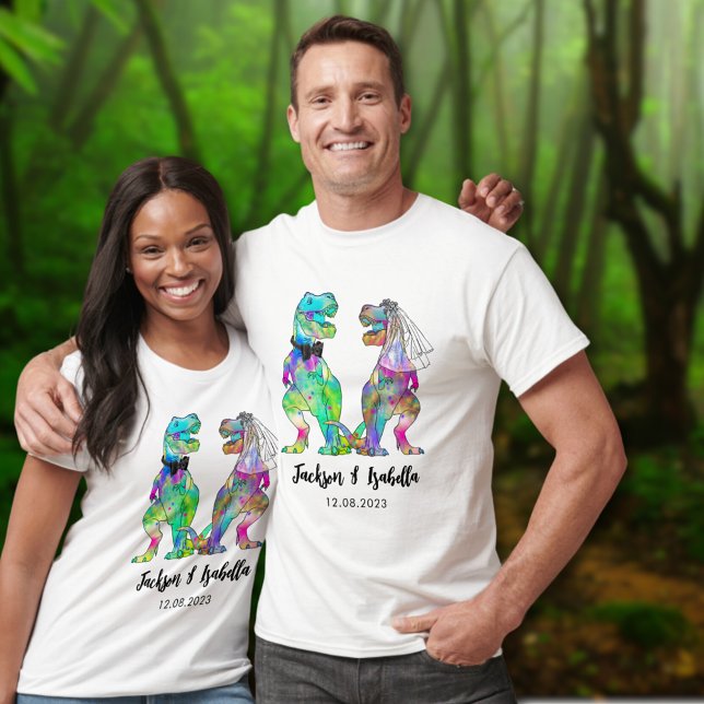 T-shirt Drôle T-Rex Mariée et Mariage de dinosaure de cham (Colorful dinosaur bride and groom din wedding custom t-shirt )