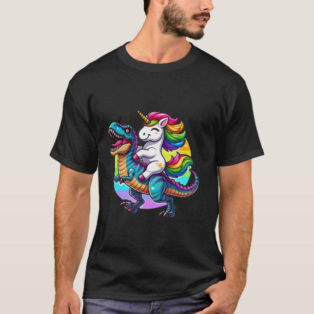 T-shirt Drôle Unicorne équitation Dinosaur T Rex Rainbow D (Devant)