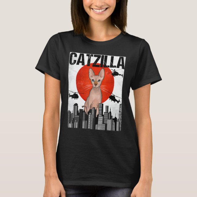 T-shirt Drôle Vintage japonais Catzilla Sphynx Chat (Devant)