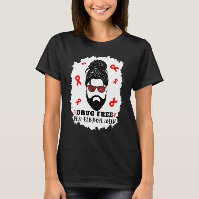 T-shirt Drug Free Red Ribbon Week Messy Bun man with beard (Devant)