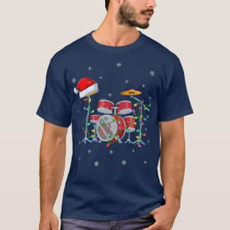 T-shirt Drum Music Lover Xmas Lights Père Noël Drum Christ