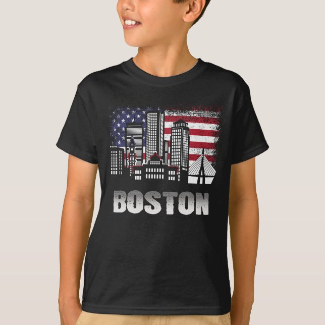 T-shirt du drapeau américain de Boston Skyline (Devant)