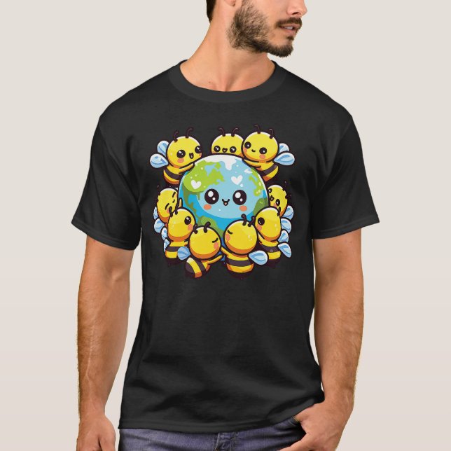 T-shirt Earth World Globe Bee Kawaii Bees (Devant)