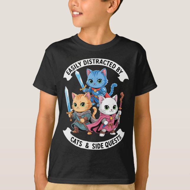 T-shirt Easily Distracted By Cats &amp; Side Quests Funny  (Devant)