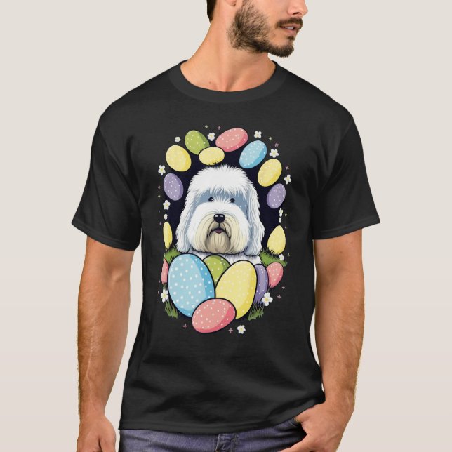 T-shirt Easter Bobtail Bunny Eggs Dog on Easter Old Englis (Devant)