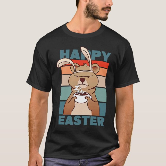 T-shirt Easter Grumpy Bear with Rabbit Ear drinks Coffee (Devant)