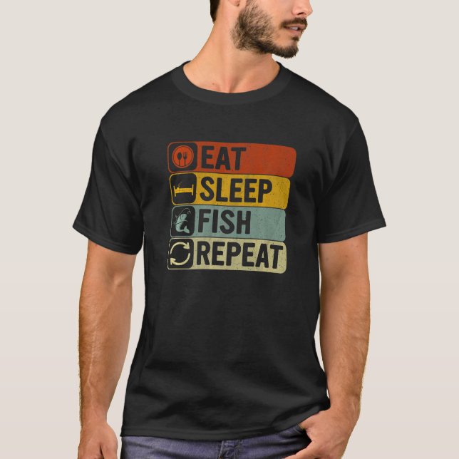 T-shirt Eat Sleep Fish Repeat Retro 60s 70s Fishing (Devant)