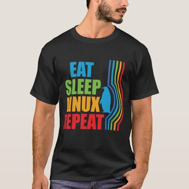 T-shirt Eat Sleep Linux Repeat Retro Penguin Nerd Geek (Devant)