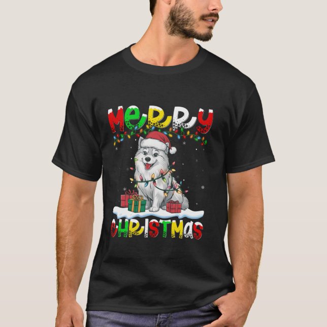 T-shirt Éclairage de Noël chapeau américain Eskimo Chien J (Devant)