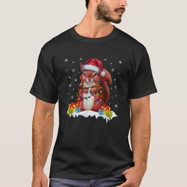 T-shirt Éclairage de Noël écureuil portant le chapeau de S (Devant)
