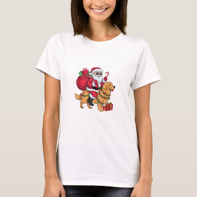 T-shirt Éclairage de Noël Père Noël équitation Golden Retr (Devant)