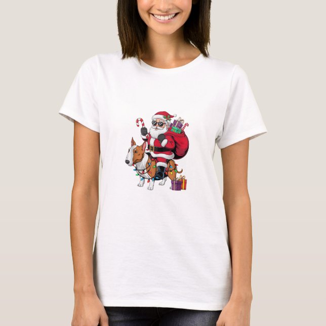 T-shirt Éclairage de Noël Père Noël Riding Bull Terrier Ch (Devant)
