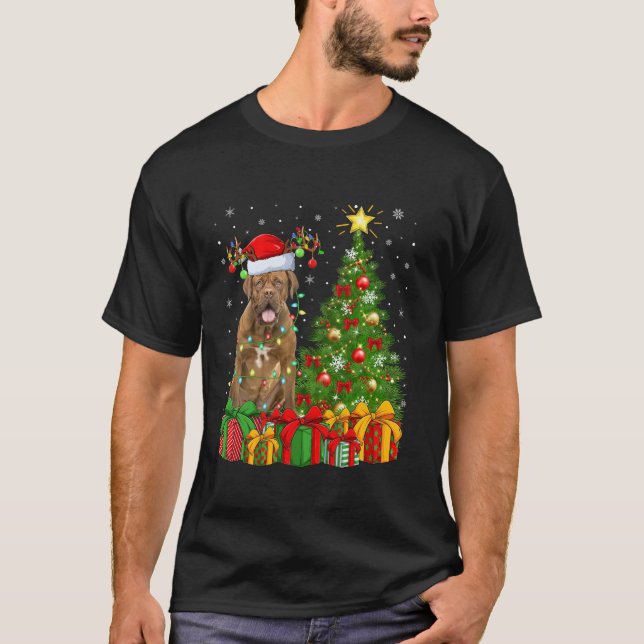 T-shirt Éclairage des arbres Noël Chapeau Dogue De Bordeau (Devant)