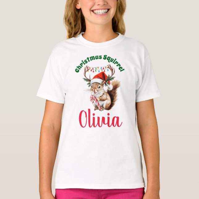 T-shirt Écureuil de Noël Nom personnalisé Chemise de fille (Devant)