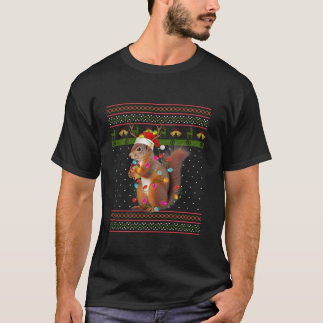 T-shirt Écureuil laid Noël drôle Lumière Santa Chapeau Nei (Devant)