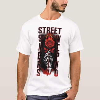 T-shirt Edgy Skeleton Hand Holding Burning Rose Streetwear