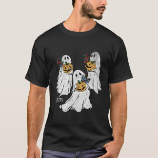T-shirt Éffrayant Ghost Ghost Fleurs Citrouille Salle Rétr