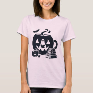 T-shirt Éffrayant Halloween Ghost Lecture avec Citrouille