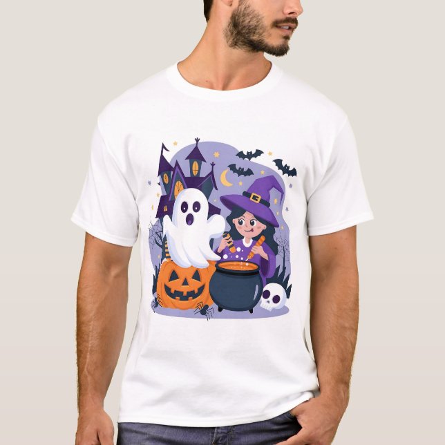 T-shirt Éffrayante fille et Citrouille pot fantôme Hallowe (Devant)