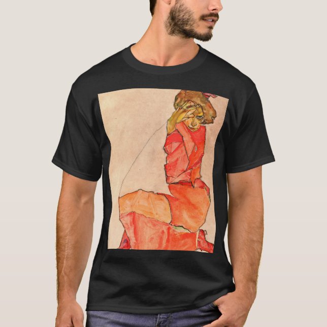 T-shirt Egon Schiele - femelle à genoux dans la robe de (Devant)