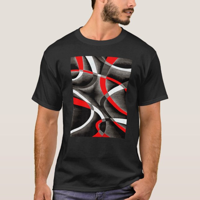 T-shirt Eighties Red White Grey Line Curve Pattern On Blac (Devant)