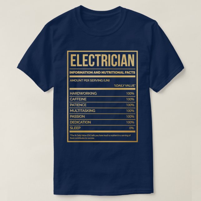 T-shirt Electricien Funny Étiquette de nutrition en or (Design devant)