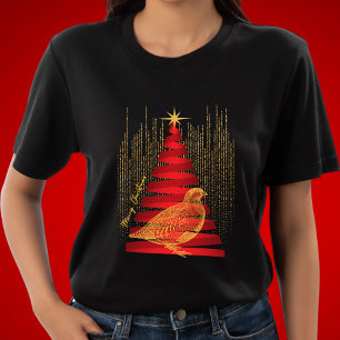 T-shirt Élégant arbre de Noël rouge chic et perdrix d'or