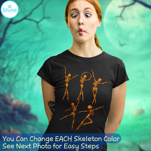 T-shirt Elégant ballet danse squelette orange Halloween (You may change the color on each of the 5 skeletons to other colors. See next photo for easy steps.)