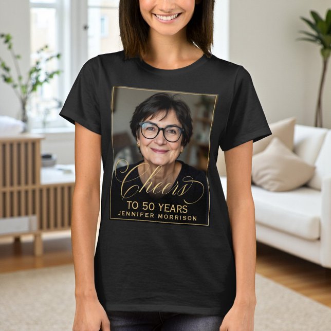 T-shirt Elégant Black & Gold 50th Birthday Party Photo (Créateur téléchargé)