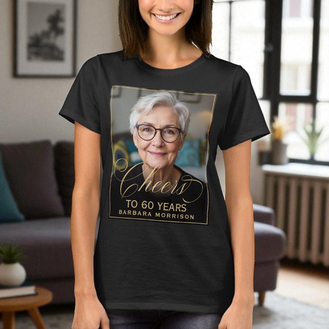 T-shirt Elégant Black & Gold 60th Birthday Party Photo (Créateur téléchargé)