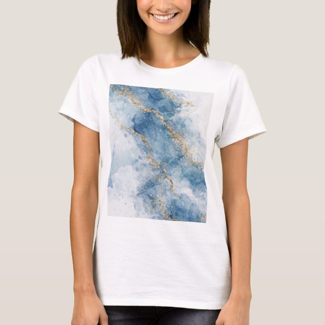 T-shirt Elegant Blue Gold Glitter Abstract Flow            (Devant)