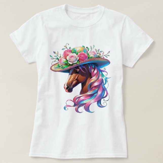 T-shirt Elégant Casquette Floral Horse Design - Derby Day  (Design devant)