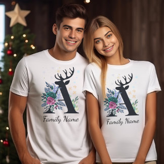T-shirt Élégant Floral Monogramme Famille Noël