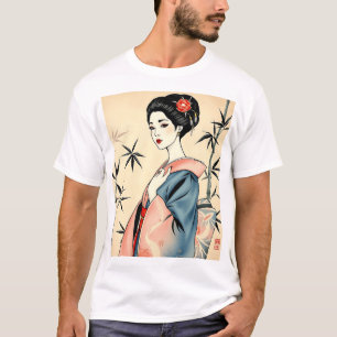 T-shirt Elegant Geisha avec bambou et Motifs d'encre