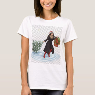 T-shirt Elegant Woman in Santa Hat Pulling Christmas Tree 