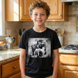 T-shirt Éléphant d'Afrique avec veau noir et blanc