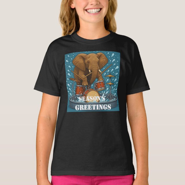 T-shirt Eléphant jouant de la batterie éclaboussant l'eau  (Devant)