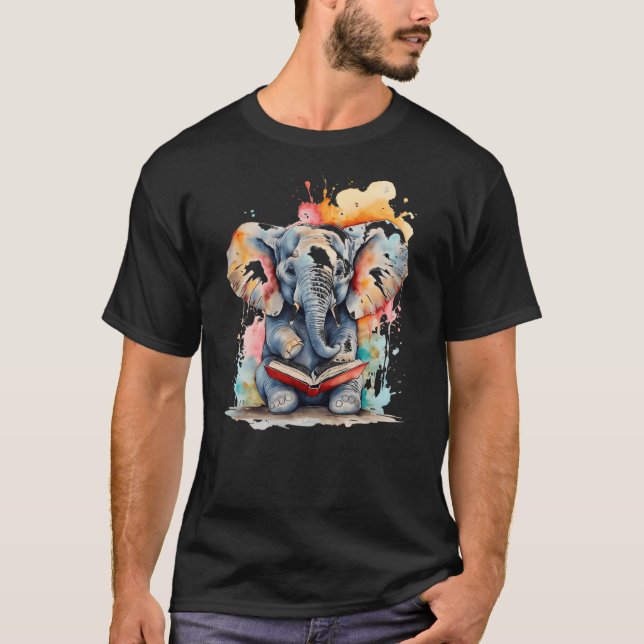 T-shirt Elephant Reading Book Funny Animal Art Print Graph (Devant)