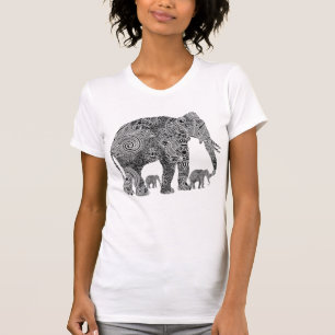T-shirt Eléphants floraux ornés noirs et blancs