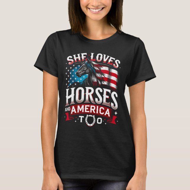 T-shirt Elle Aime Les Chevaux Et L'Amérique Trop Cheval Lo (Devant)