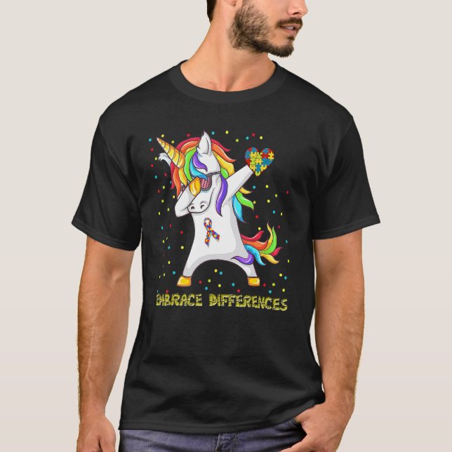 T-shirt Embrace Differences Unicorn Dabbing Puzzle Autism  (Devant)