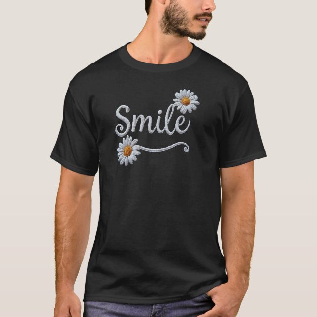T-shirt Embroidered Daisy Smile – Floral Cursive Typograph (Devant)