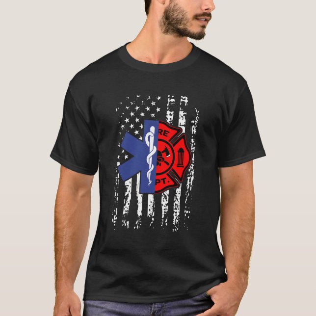 T-shirt Emt Pompier Pompier Drapeau américain Retour Pri (Devant)