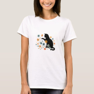 T-shirt en aquarelle pour femmes avec chat noir fl