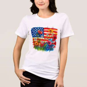 T-shirt En Tri-matière Aquarelle drapeau américain & Fleur sauvage - Patr