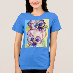 T-shirt En Tri-matière Aquarelle Pansy Motif sur rose et jaune pâle