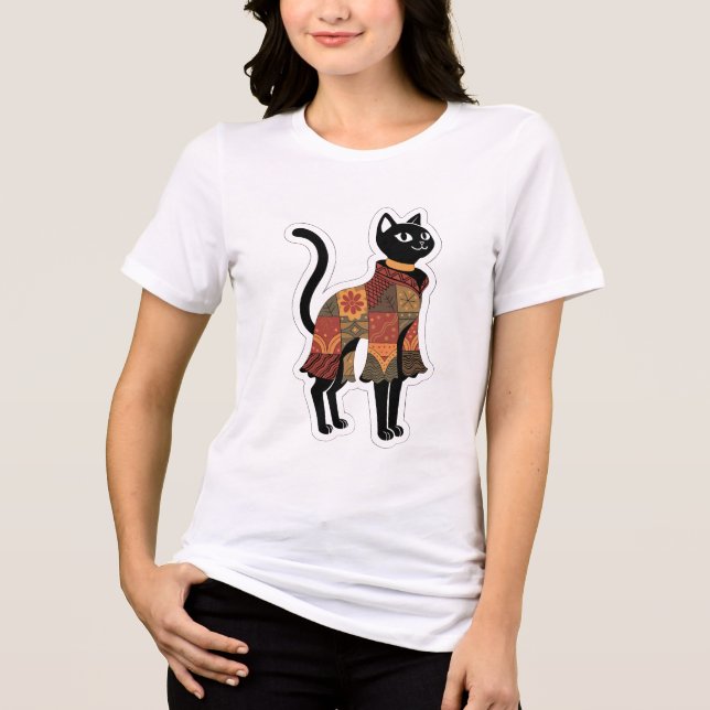 T-shirt En Tri-matière Boho Patchwork Tee Graphique Chat Noir (Recto)