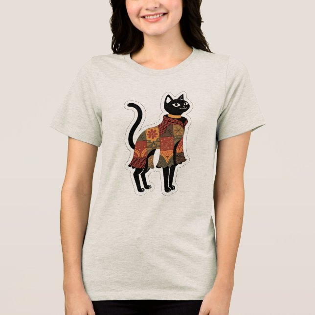 T-shirt En Tri-matière Boho Patchwork Tee Graphique Chat Noir (Recto)