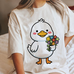T-shirt En Tri-matière Canard Mignon Tenant un Bouquet de Fleurs Kawaii