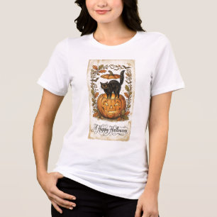 T-shirt En Tri-matière Carte postale vintage d'Halloween Chat Jack O Lant